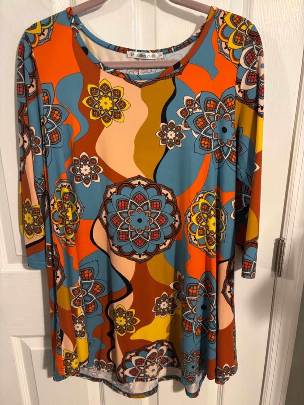 😍Jollie Retro  Boho 70’s Floral-Print Tunic /Dress in Orange and Blue Size Large